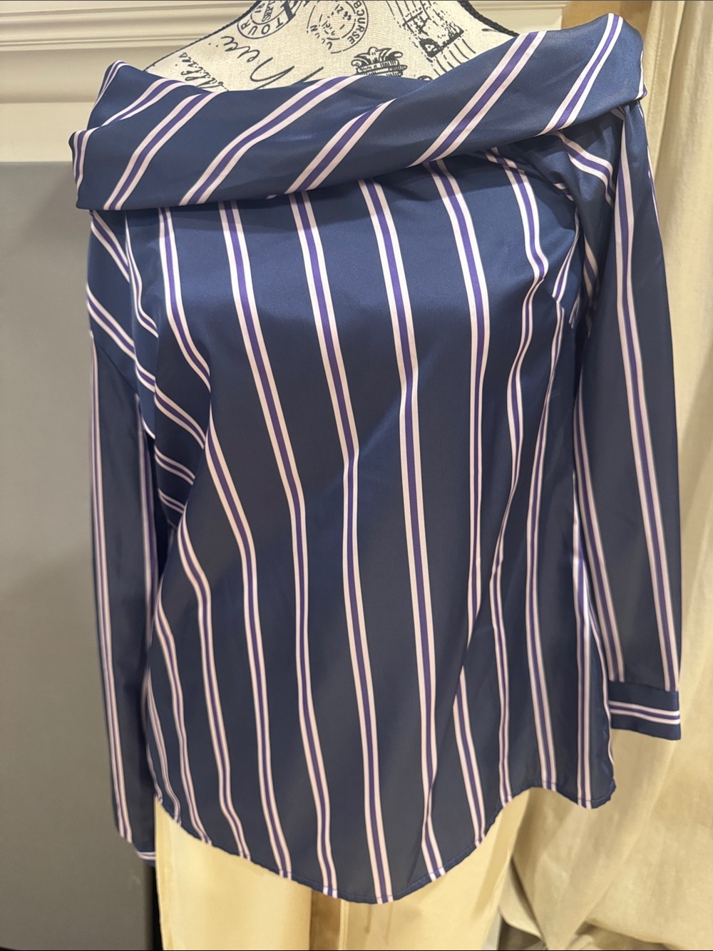 Banana Republic Navy Blouse with White and Violet Stripes